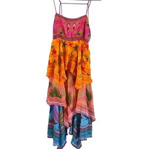 NWT FARM Rio Toucans Tropical Maxi Dress Ruffle‎ Tiered Midi Orange Pink Size S